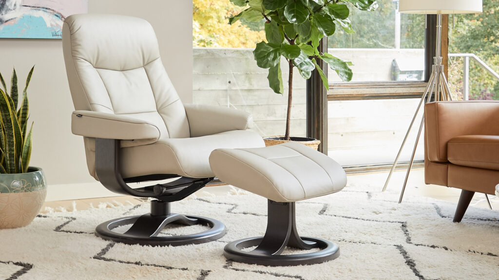 The Fjords Muldal Modern Recliner and Ottoman provide exceptional comfort and support with an ergonomic Norwegian design