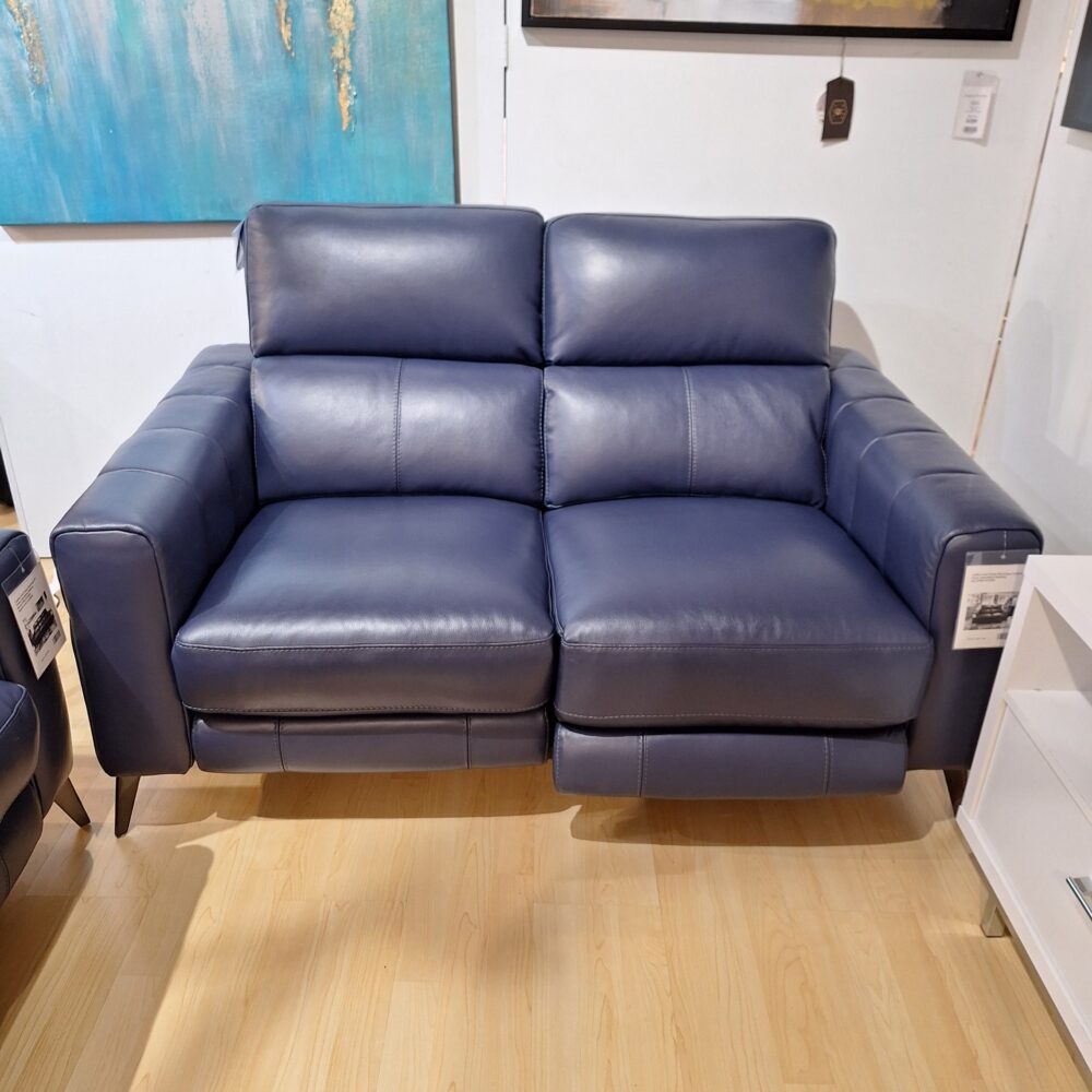 Sky Blue Leather Power Reclining Loveseat